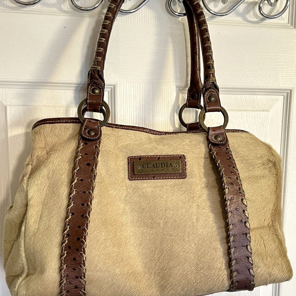 Claudia Firenze Leather/Fur Tote Handbag-Tan fur